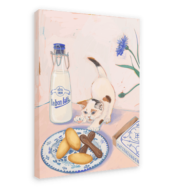 A kitten reaches for pastries on a plate beside a bottle of milk and a box labeled "Katzenzungen," the German word for "cats tongues." The scene is beautifully captured in the Hôtel Dodo Katzenzungen Giclée Canvas Print, featuring a blue flower and other small decorative items in the background.