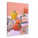 The "Hôtel Dodo Paprika Puszta Giclée Canvas Print" from Hôtel Dodo showcases a framed painting that depicts a yellow bell pepper, red pepper, a paprika box labeled "Hungarian paprika," and a red tulip on a table set with decorative plates and a pink-checkered cloth.