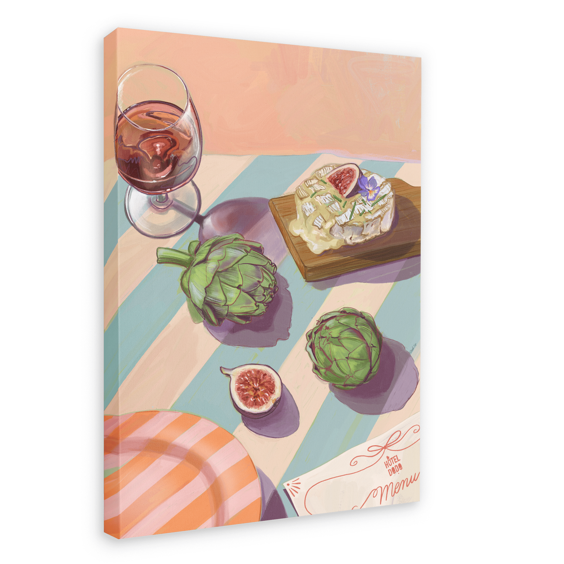 Illustration of a table with wine, artichokes, figs, baked Camembert, cheese, and an afternoon menu on a pastel-striped tablecloth from the 