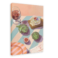 Illustration of a table with wine, artichokes, figs, baked Camembert, cheese, and an afternoon menu on a pastel-striped tablecloth from the "Figgy Cheese And 'Chokes Giclée Canvas Print" by Hôtel Dodo.