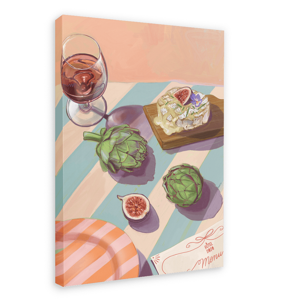 Illustration of a table with wine, artichokes, figs, baked Camembert, cheese, and an afternoon menu on a pastel-striped tablecloth from the "Figgy Cheese And 'Chokes Giclée Canvas Print" by Hôtel Dodo.