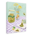 Illustration of a pickle-themed party setup featuring the Pickle Party Giclée Canvas Print by Hôtel Dodo, with pickles in jars, yellow flowers in a vase, a pickle lollipop centerpiece, and party signage from Hôtel Dodo, all arranged on a purple checkered tablecloth.