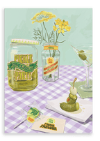 Illustration showcasing the Pickle Party Giclée Canvas Print by Hôtel Dodo, featuring jars of pickles, a floral arrangement, a pickle on a cocktail stick, a spicy pickle water martini with an olive, and retro-styled napkins on a checkered tablecloth.
