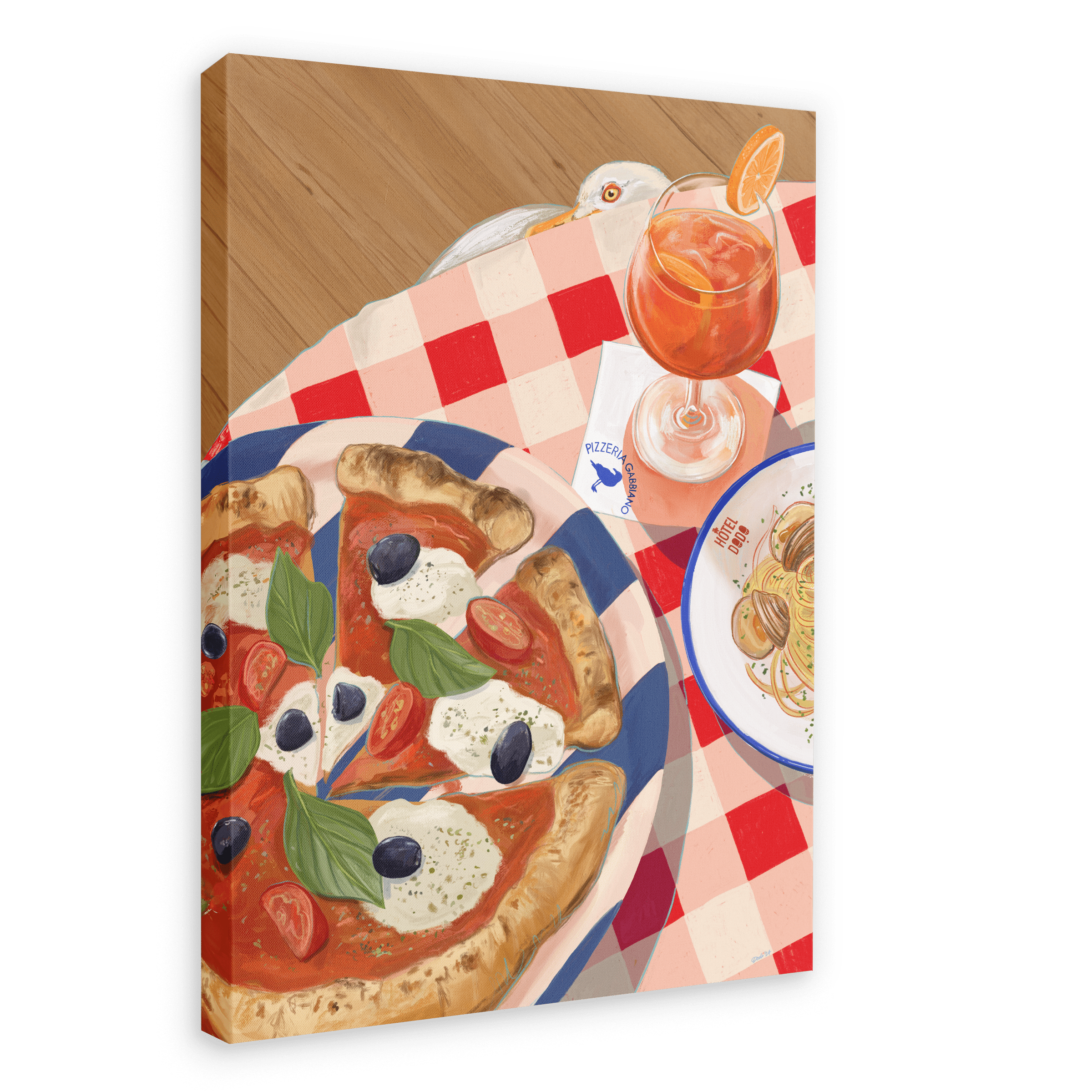 Set the scene with the Pizzeria Gabbiano Giclée Canvas Print by Hôtel Dodo, featuring a picturesque table setting of a plate of pizza adorned with basil, tomatoes, olives, and mozzarella, alongside a bowl of spaghetti and a glass of orange cocktail on a red and white checkered tablecloth.