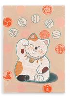 The Maneki-Neko Giclée Canvas Print by Kitsch Kanaveral features an illustration of a beckoning Maneki-neko with orange and white fur, surrounded by various Japanese motifs and symbols in vibrant orange and red hues. The cat dons a collar with a bell, raises its left paw to invite prosperity, and symbolizes good fortune.