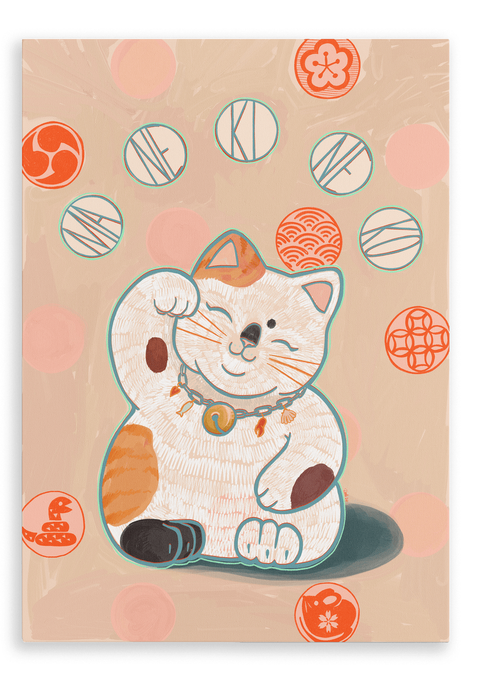 The Maneki-Neko Giclée Canvas Print by Kitsch Kanaveral features an illustration of a beckoning Maneki-neko with orange and white fur, surrounded by various Japanese motifs and symbols in vibrant orange and red hues. The cat dons a collar with a bell, raises its left paw to invite prosperity, and symbolizes good fortune.