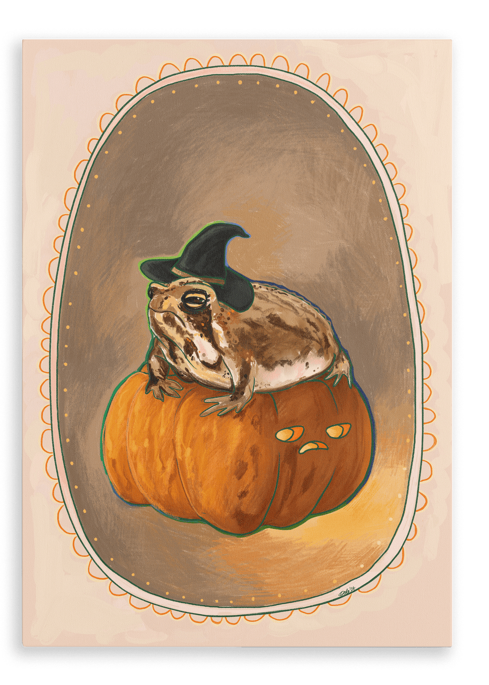 A whimsical illustration from Kitsch Kanaveral, titled the "Grumpy Spiced Pumpkin Giclée Canvas Print," features a toad wearing a witch's hat seated on a mini pumpkin throne with a carved face, framed with scalloped edges that exude Halloween vibes.