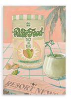 Illustration of a Rude Pistachio Giclée Canvas Print by Hôtel Dodo on a table with a tropical cocktail and a newspaper titled "resort news".