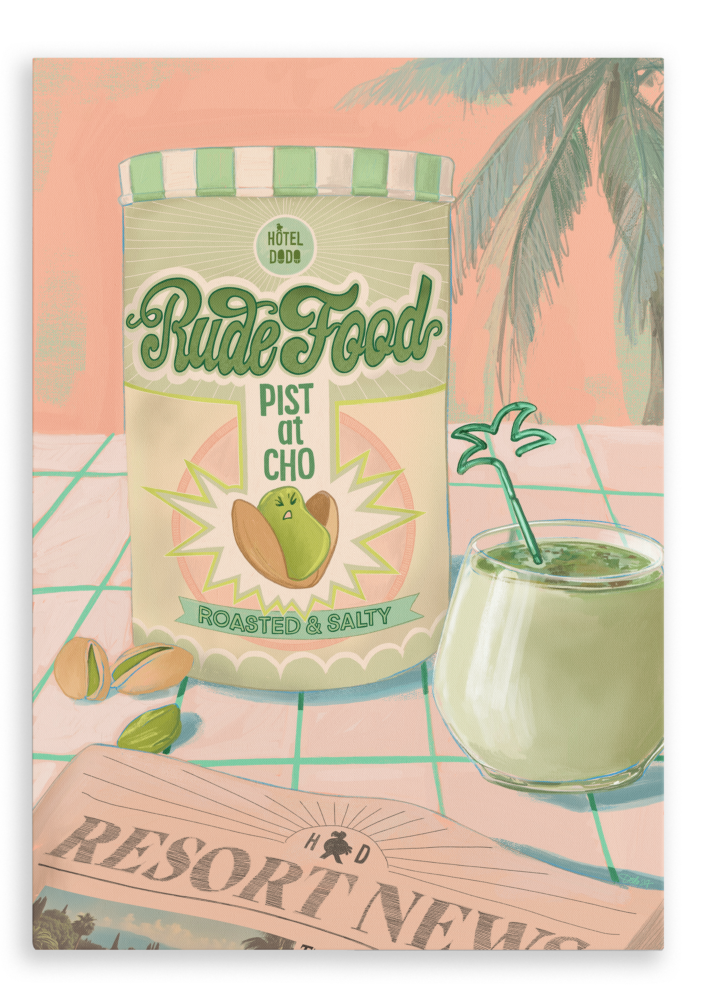 Illustration of a Rude Pistachio Giclée Canvas Print by Hôtel Dodo on a table with a tropical cocktail and a newspaper titled "resort news".