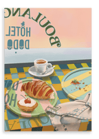 A tranquil breakfast setting is captured by the window of a café, with a table displaying a croissant, a cherry-topped pastry, a cup of coffee, and an unfolded newspaper. The sunlit reflections of the “Hôtel Dodo” sign glimmer on the tabletop, creating serene moments to savor in this "Boulangerie Oui, Oui" Giclée Canvas Print.