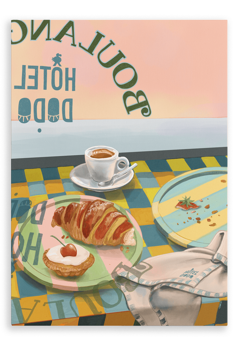 A tranquil breakfast setting is captured by the window of a café, with a table displaying a croissant, a cherry-topped pastry, a cup of coffee, and an unfolded newspaper. The sunlit reflections of the “Hôtel Dodo” sign glimmer on the tabletop, creating serene moments to savor in this "Boulangerie Oui, Oui" Giclée Canvas Print.