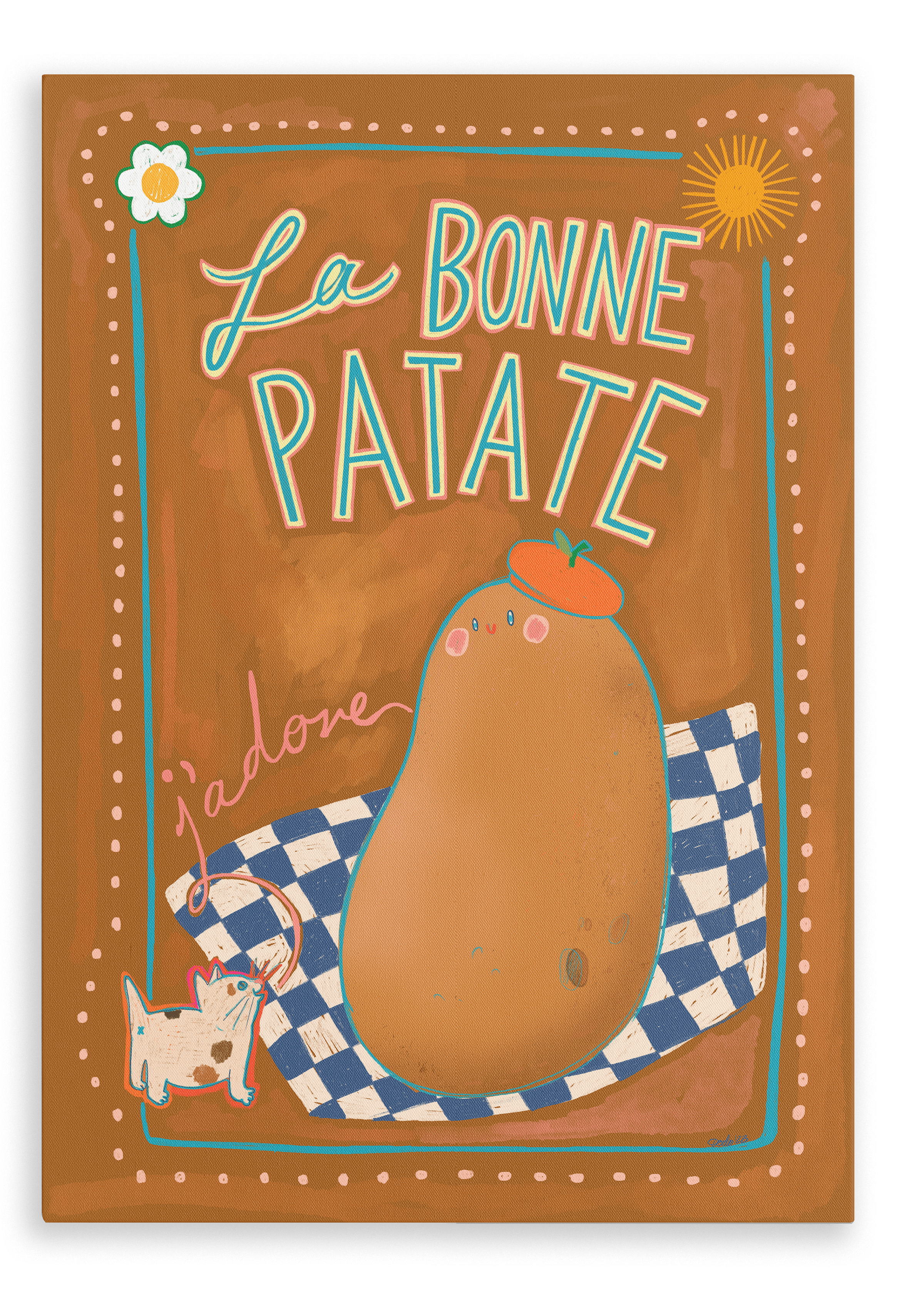 Illustration of a potato with a flower on top, labeled "La Bonne Patate." A cat wearing glasses admires the versatile food on a checkered cloth, while text reads "j'adore." A flower and sun decorate the background. Product: La Bonne Patate Canvas Print by Aventures Des Créatures.