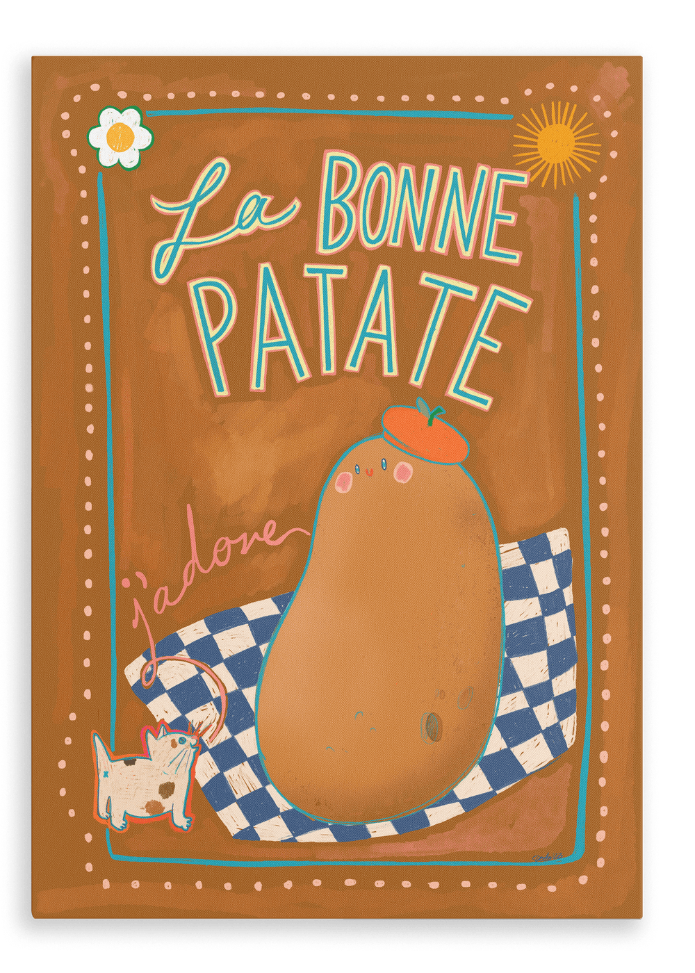 Illustration of a potato with a beret on a checkered cloth, next to a small dog, framed by the text "La Bonne Patate" and decorative elements like a sun and flower on an Aventures Des Créatures Canvas Print.
