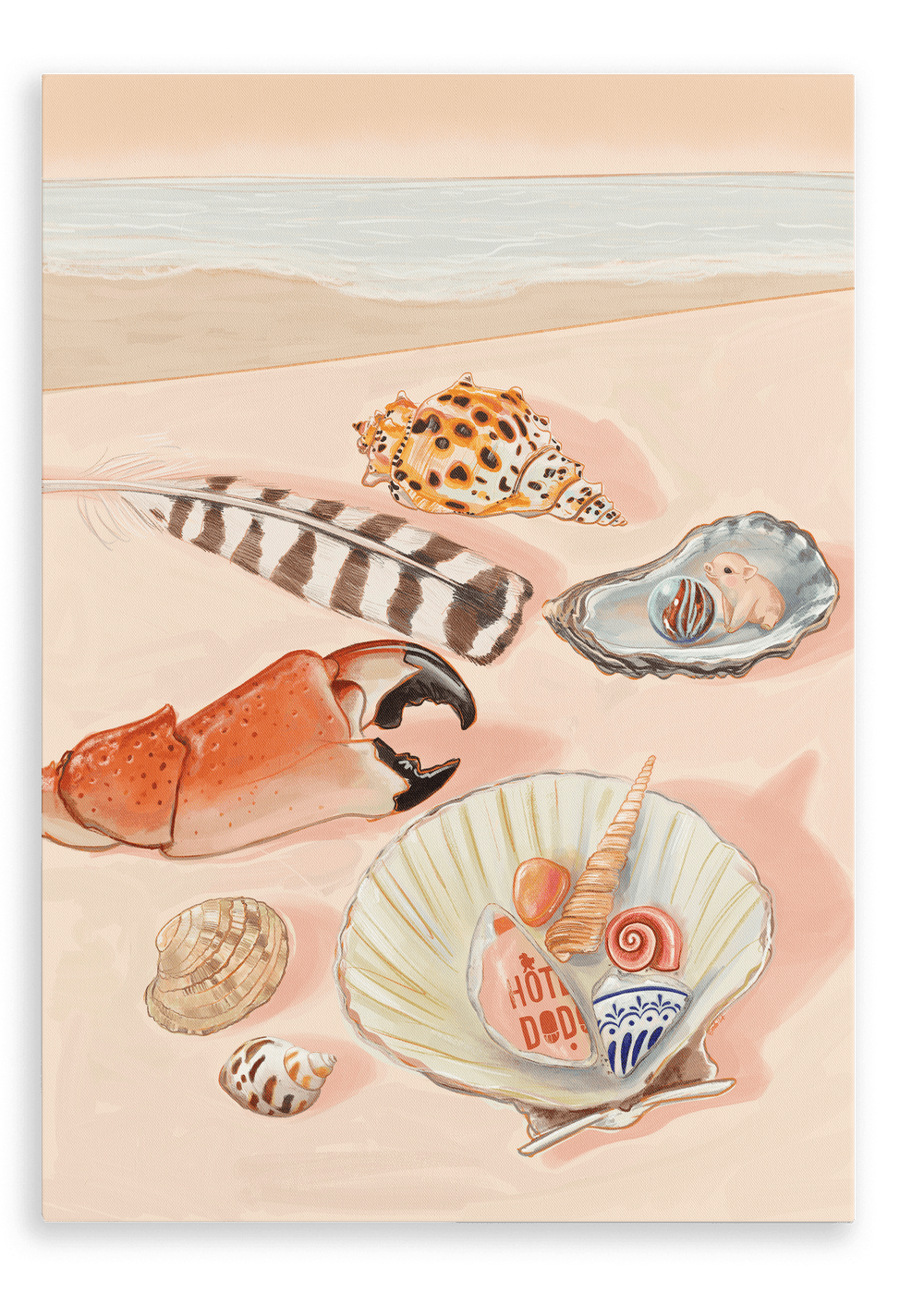 A beach scene featuring various seashells, a piece of coral, and a striped feather arranged on the sand, showcasing the Tiny Treasures Giclée Canvas Print by Hôtel Dodo. The ocean is visible in the background, evoking calm moments by the sea.