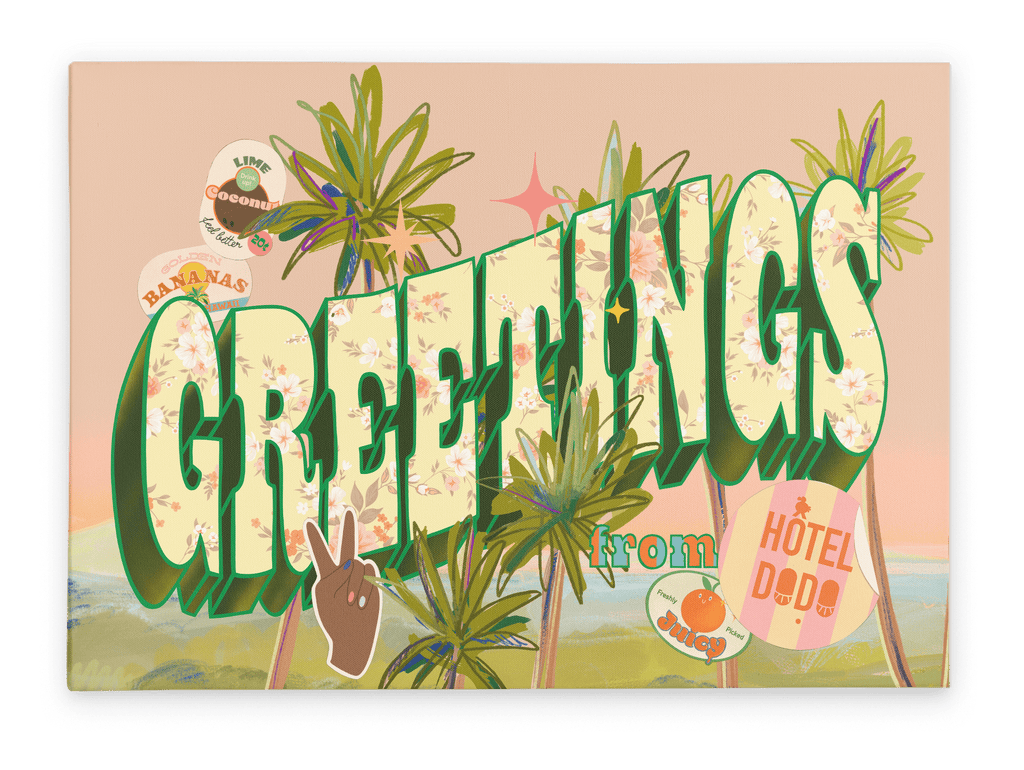 The Shromps Vintage Greetings Matte Canvas Print features "GREETINGS from" in bold text on a tropical backdrop with fruit, coconut, peace sign, and hotel sign stickers—ideal for postcard lovers or fans of tropical wall art.