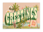 The Shromps Vintage Greetings Matte Canvas Print features "GREETINGS from" in bold text on a tropical backdrop with fruit, coconut, peace sign, and hotel sign stickers—ideal for postcard lovers or fans of tropical wall art.