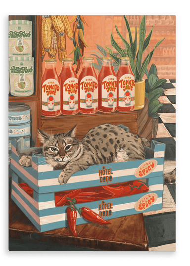 A cat lying comfortably in a wooden Bodega Cat Giclée Canvas Print crate amidst bottles of tomato ketchup and fresh vegetables.