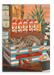 A cat lying comfortably in a wooden Bodega Cat Giclée Canvas Print crate amidst bottles of tomato ketchup and fresh vegetables.