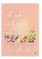 The Shromps "Je Ne Sais WTF Quoi" Matte Canvas Print features bold block lettering and a vibrant, whimsically illustrated design over a peach background, evoking playful tropical vibes inspired by relaxing days at Hôtel Dodo.