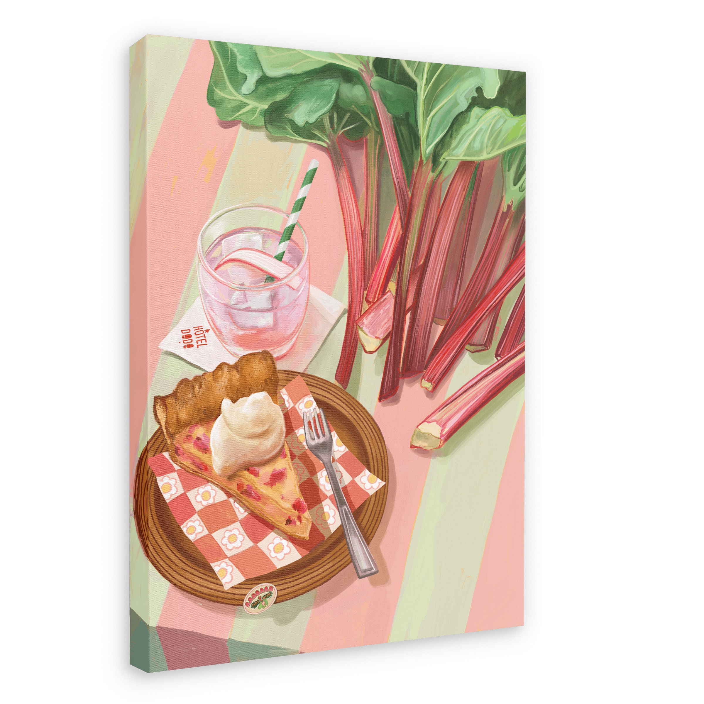 Illustration of rhubarb stalks, a slice of the Rhubarb Tart With Heart Giclée Canvas Print from Hôtel Dodo topped with a dollop of whipped cream, and a pink drink with a green-striped straw on a table.