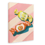 The Pillow Sweets Citrus Giclée Canvas Print by Hôtel Dodo features a delightful painting of two smiling candy wrappers, one yellow with a zesty lemon and the other red with a tomato, set against a pink and white striped background.