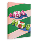 Image of the Pillow Sweets Pillow Berry Faves Giclée Canvas Print by Hôtel Dodo, featuring two wrapped candies with fruit faces lying on a colorful striped background, evoking technicolor nostalgia.