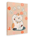 Illustration of a beckoning cat with orange and white fur, wearing a golden collar. The Maneki-Neko Giclée Canvas Print by Kitsch Kanaveral features this lucky cat surrounded by various circular patterns in red and white on a beige background, symbolizing good fortune.