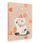 Illustration of a beckoning cat with orange and white fur, wearing a golden collar. The Maneki-Neko Giclée Canvas Print by Kitsch Kanaveral features this lucky cat surrounded by various circular patterns in red and white on a beige background, symbolizing good fortune.