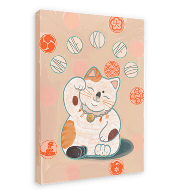 Illustration of a beckoning cat with orange and white fur, wearing a golden collar. The Maneki-Neko Giclée Canvas Print by Kitsch Kanaveral features this lucky cat surrounded by various circular patterns in red and white on a beige background, symbolizing good fortune.