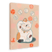 Illustration of a beckoning cat with orange and white fur, wearing a golden collar. The Maneki-Neko Giclée Canvas Print by Kitsch Kanaveral features this lucky cat surrounded by various circular patterns in red and white on a beige background, symbolizing good fortune.