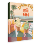 Vibrant canvas print featuring two ice cream cones in front of a seaside view, with "Hôtel Dodo" visible in the background. The tropical foliage adds a lush vibe to the scene. The giclée print, titled "Soft Serve," includes a stack of what appears to be postcards.