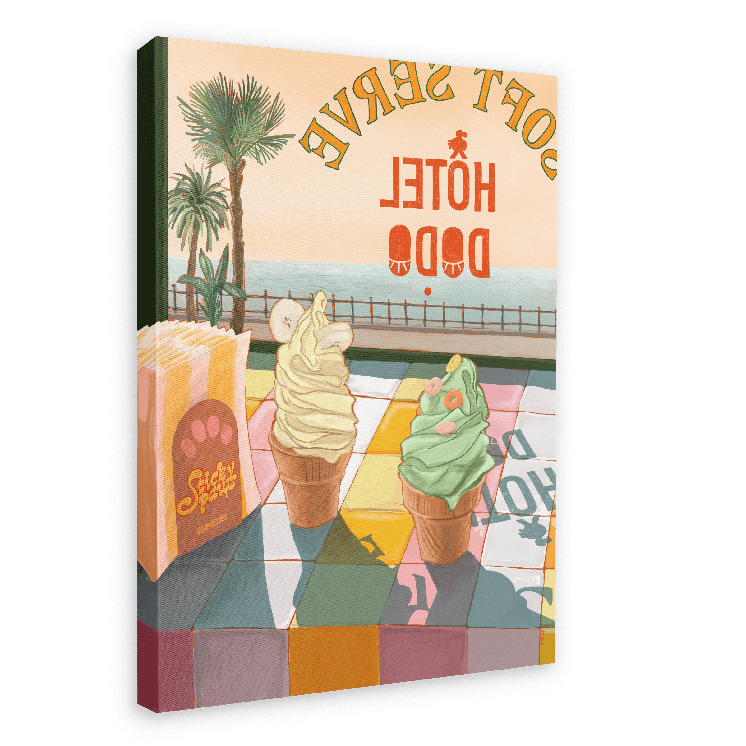 Vibrant canvas print featuring two ice cream cones in front of a seaside view, with "Hôtel Dodo" visible in the background. The tropical foliage adds a lush vibe to the scene. The giclée print, titled "Soft Serve," includes a stack of what appears to be postcards.