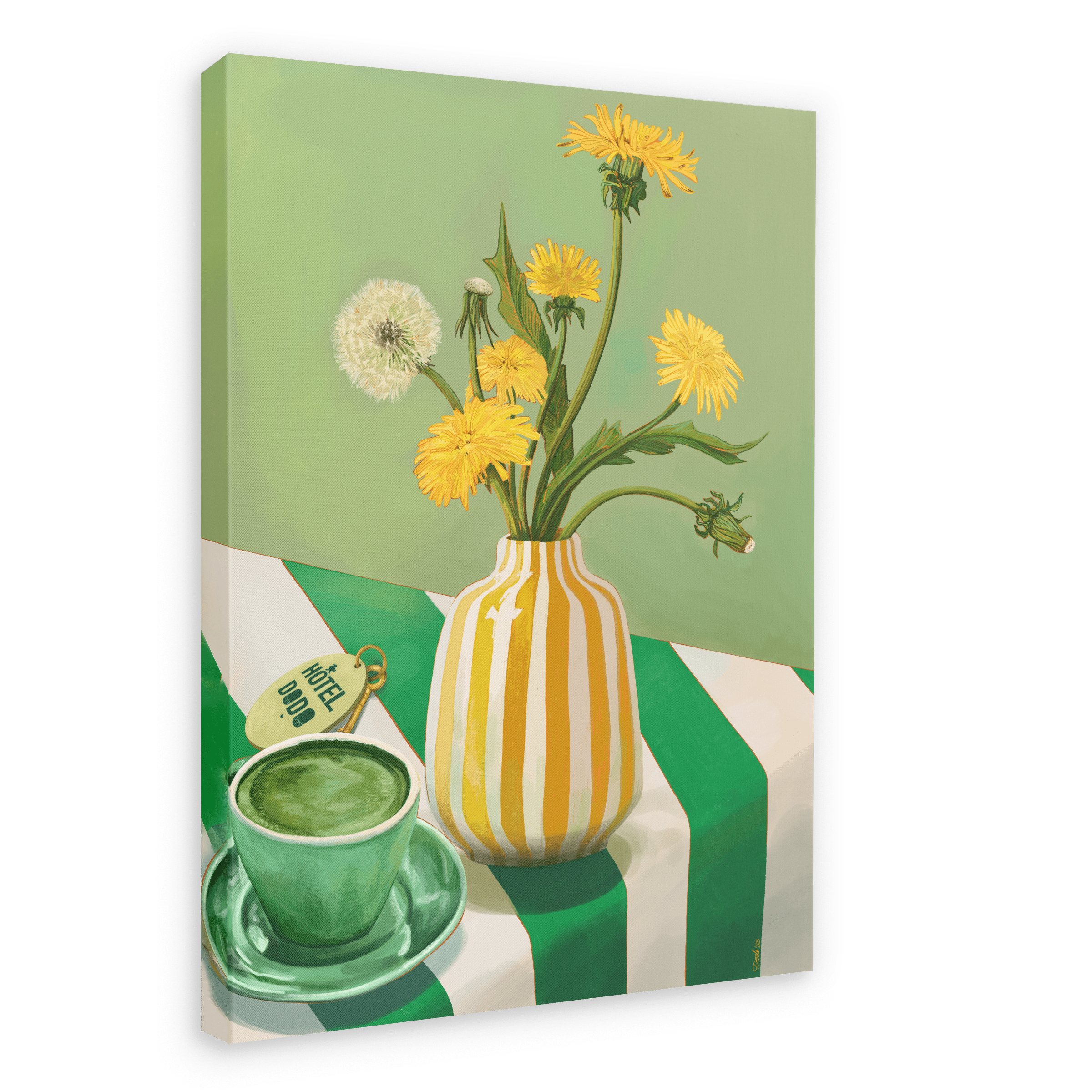 The Matcha Mornings Giclée Canvas Print by Hôtel Dodo portrays a green tea cup, a teabag, and a vase with yellow dandelions on a green and white striped tablecloth, evoking serene mornings.