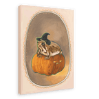 The Grumpy Spiced Pumpkin Giclée Canvas Print by Kitsch Kanaveral features an illustration of a witchy rain frog wearing a witch hat, sitting on a carved pumpkin with a grumpy face. The image captures autumn vibes and is set within an ornate oval frame.