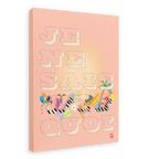 The Je Ne Sais WTF Quoi Matte Canvas Print from Hôtel Dodo features the phrase "JE NE SAIS QUOI" in large letters, adorned with colorful, whimsical illustrations of a flower, a shoe, a cocktail, and tropical foliage intertwined with the text.
