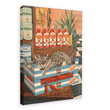 A Bodega Cat Giclée Canvas Print lounging in a crate surrounded by canned goods and vegetables.