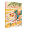 Illustration of a table adorned with a cake topped with cherries, a tall glass of iced tea with lemon, a plumeria flower, vibrant confetti, and a red-striped ribbon tagged with "Happy Birthday," all beautifully captured on the Confetti Sunrise Giclée Canvas Print from Hôtel Dodo, evoking the charm of sandy beaches.