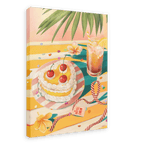 Illustration of a table adorned with a cake topped with cherries, a tall glass of iced tea with lemon, a plumeria flower, vibrant confetti, and a red-striped ribbon tagged with "Happy Birthday," all beautifully captured on the Confetti Sunrise Giclée Canvas Print from Hôtel Dodo, evoking the charm of sandy beaches.