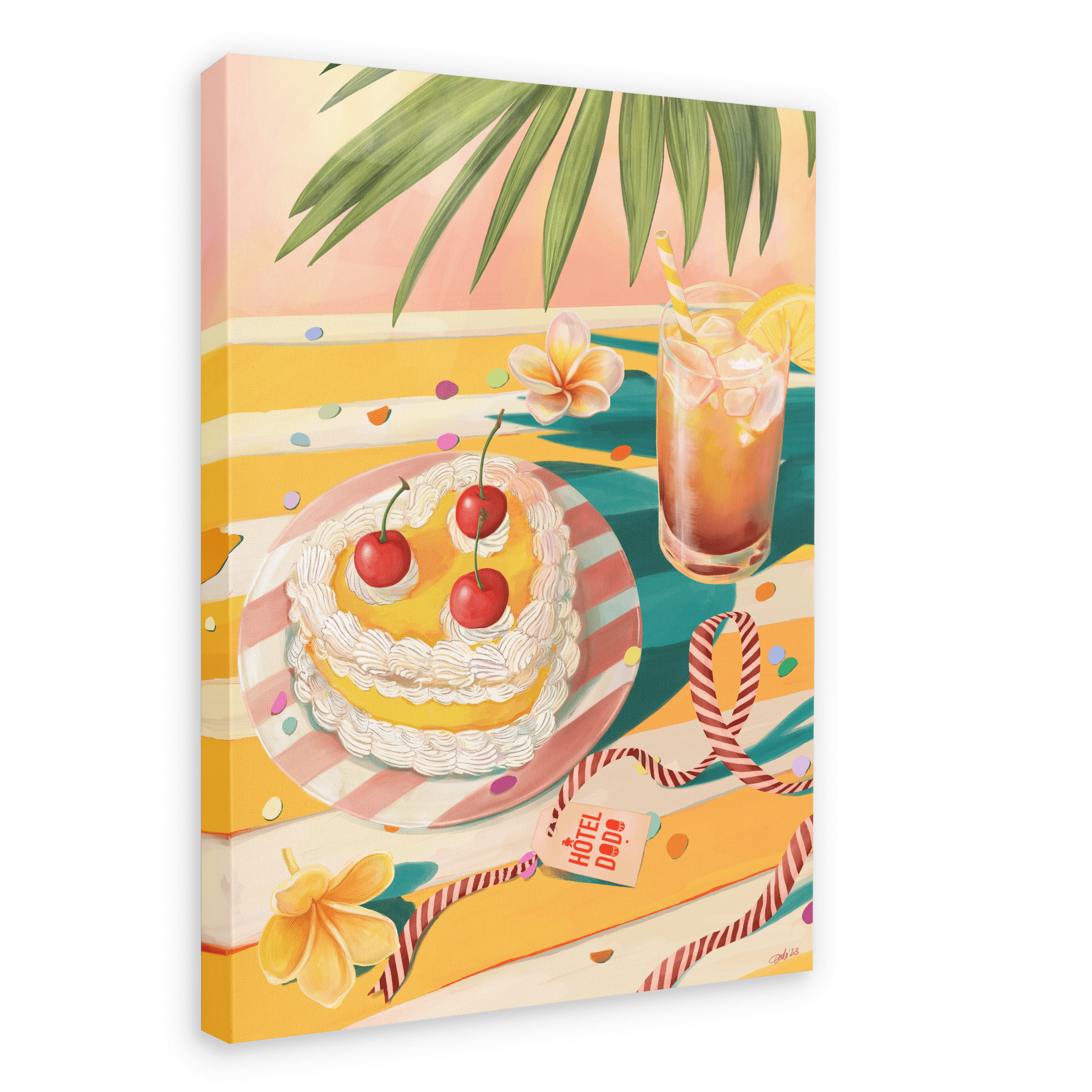 Illustration of a table adorned with a cake topped with cherries, a tall glass of iced tea with lemon, a plumeria flower, vibrant confetti, and a red-striped ribbon tagged with "Happy Birthday," all beautifully captured on the Confetti Sunrise Giclée Canvas Print from Hôtel Dodo, evoking the charm of sandy beaches.