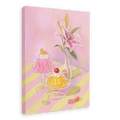 The Jolly Jelly Folly Giclée Canvas Print by Hôtel Dodo features a framed painting of two sweet treats on glass stands, a pink flower in a bottle, and a striped tablecloth. This charming piece evokes the essence of mind travel, reminiscent of afternoon delights at Hôtel Dodo.