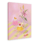 The Jolly Jelly Folly Giclée Canvas Print by Hôtel Dodo features a framed painting of two sweet treats on glass stands, a pink flower in a bottle, and a striped tablecloth. This charming piece evokes the essence of mind travel, reminiscent of afternoon delights at Hôtel Dodo.