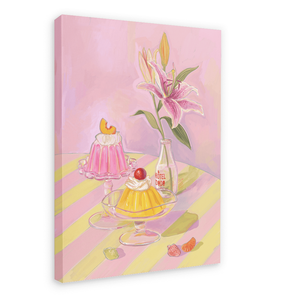 The Jolly Jelly Folly Giclée Canvas Print by Hôtel Dodo features a framed painting of two sweet treats on glass stands, a pink flower in a bottle, and a striped tablecloth. This charming piece evokes the essence of mind travel, reminiscent of afternoon delights at Hôtel Dodo.