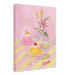 The Jolly Jelly Folly Giclée Canvas Print by Hôtel Dodo features a framed painting of two sweet treats on glass stands, a pink flower in a bottle, and a striped tablecloth. This charming piece evokes the essence of mind travel, reminiscent of afternoon delights at Hôtel Dodo.