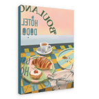 A Boulangerie Oui, Oui Giclée Canvas Print featuring an illustration of a coffee cup, a croissant, and a tart on a checkerboard table, with the words "continental hotel bop" reversed in the background by Hôtel Dodo.