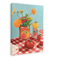 Framed artwork titled "You Say Tomato I Say Wolf Peach" by Hôtel Dodo, featuring nightshade flowers in a tomato can, a jar of strawberry preserves, a fresh tomato, and strawberries displayed on a red and white checkered tablecloth.