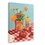 Framed artwork titled "You Say Tomato I Say Wolf Peach" by Hôtel Dodo, featuring nightshade flowers in a tomato can, a jar of strawberry preserves, a fresh tomato, and strawberries displayed on a red and white checkered tablecloth.
