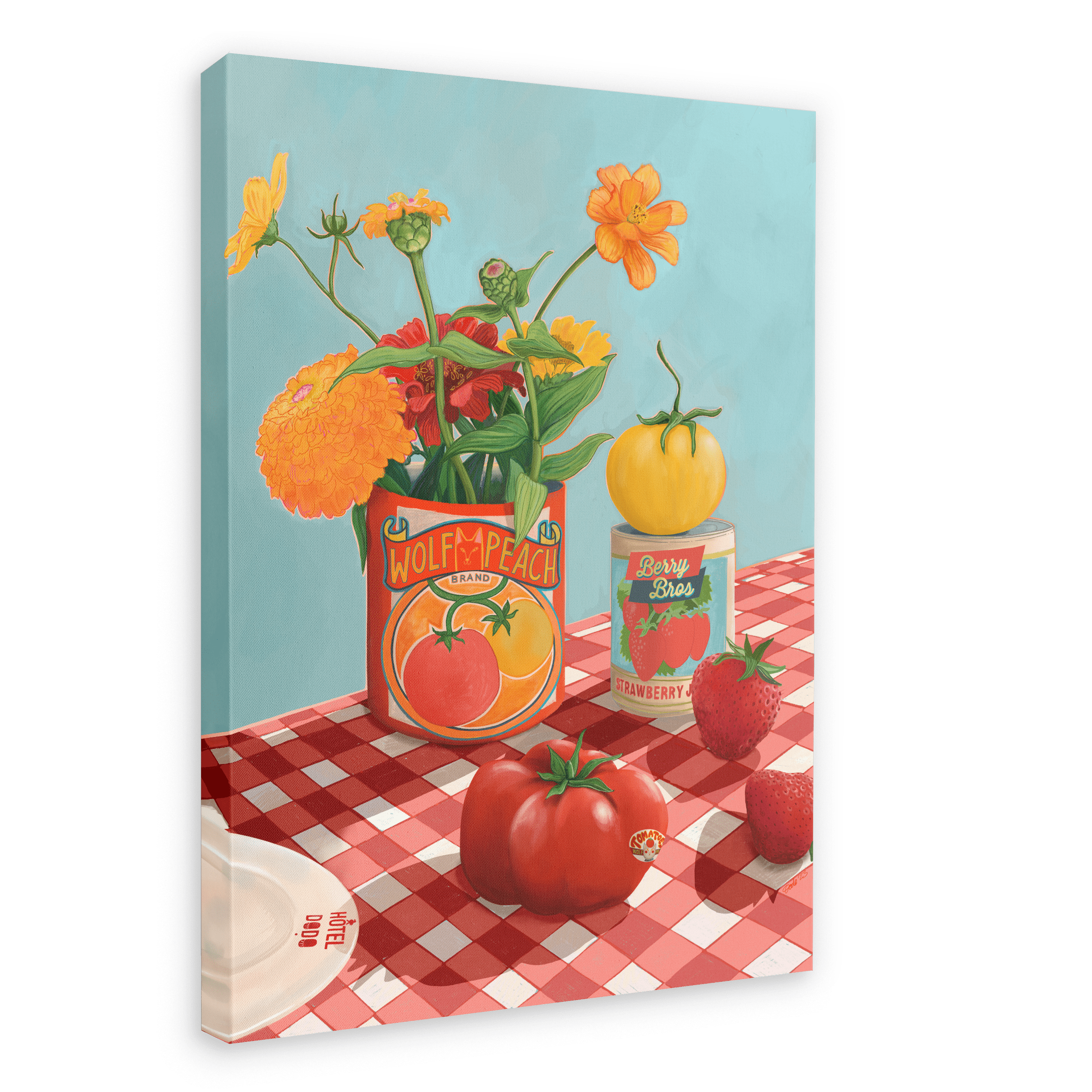 Framed artwork titled "You Say Tomato I Say Wolf Peach" by Hôtel Dodo, featuring nightshade flowers in a tomato can, a jar of strawberry preserves, a fresh tomato, and strawberries displayed on a red and white checkered tablecloth.