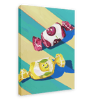 Painting of two wrapped candies on a diagonally striped background. The top candy, evocative of technicolour nostalgia dreams, boasts a purple wrapper with a joyful face. The bottom candy sports a vibrant yellow zesty lemon wrapper with a cheerful smile. This delightful scene is captured in the "Pillow Sweets Cherry Zest Giclée Canvas Print" by Hôtel Dodo.