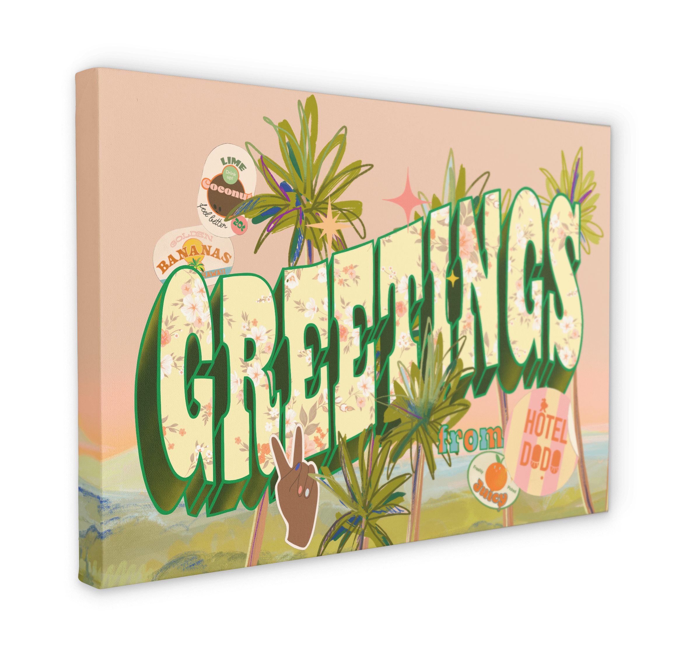 Discover the **Vintage Greetings Matte Canvas Print** by **Hôtel Dodo**, showcasing a vibrant design that prominently features the word 