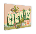 Discover the **Vintage Greetings Matte Canvas Print** by **Hôtel Dodo**, showcasing a vibrant design that prominently features the word "GREETINGS" with palm trees and various stickers, evoking nostalgic home decor.